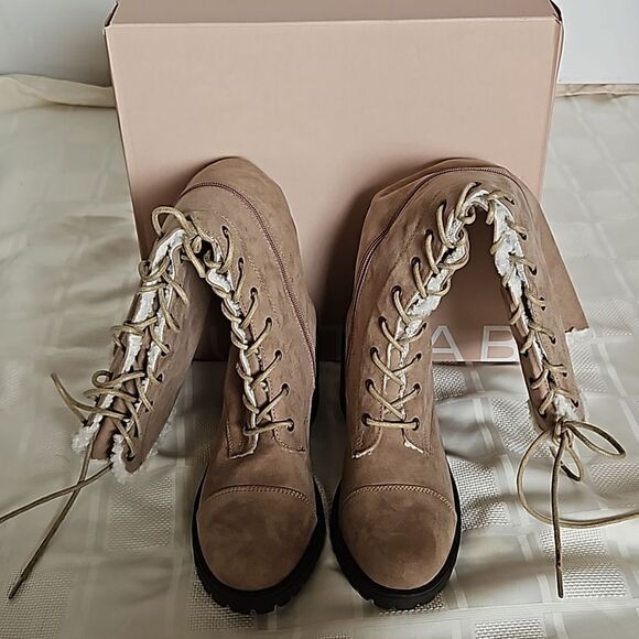 Just Fab Asher Sherpa-Lined Lace-Up Heel Boots Taupe 8.5 - Picture 11 of 16